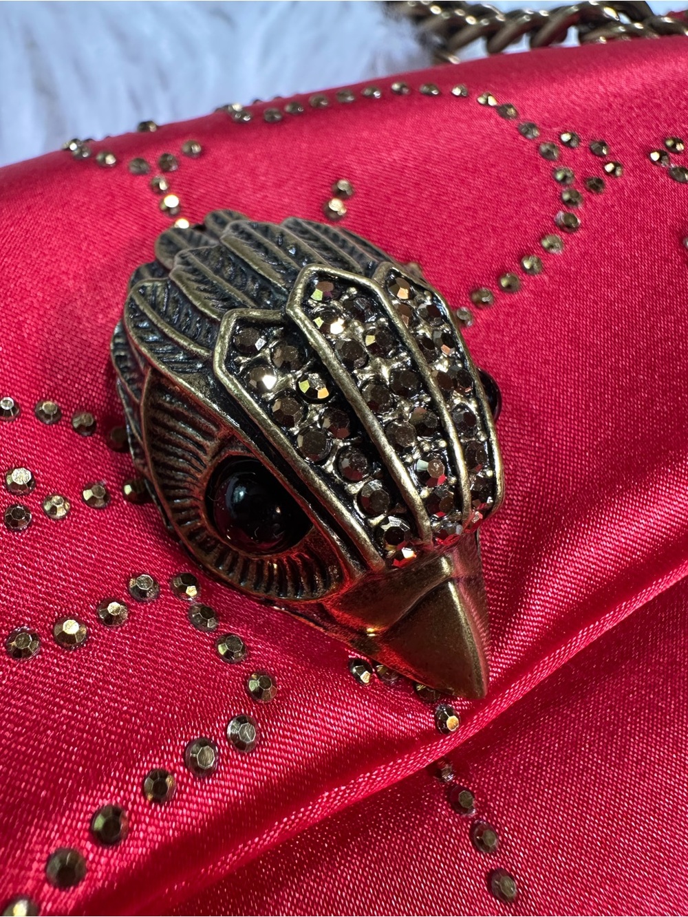 Kurt Geiger • Red Satin Kensington with Rabbit Print Glass Rhinestones Purse - Picture 6 of 17